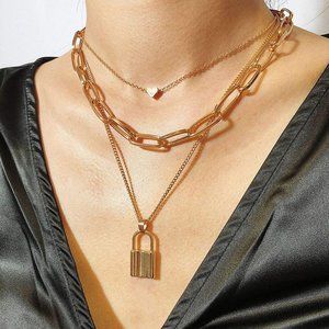 🆕Lock Heart Pendant Chain Link 3-Layer Necklace